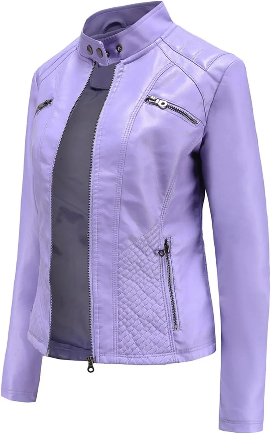 Women's Trendy Faux Leather Jacket Moto Short Jacket Fashion PU Jacket Coat Long Sleeve Zip Up Moto Biker Jackets