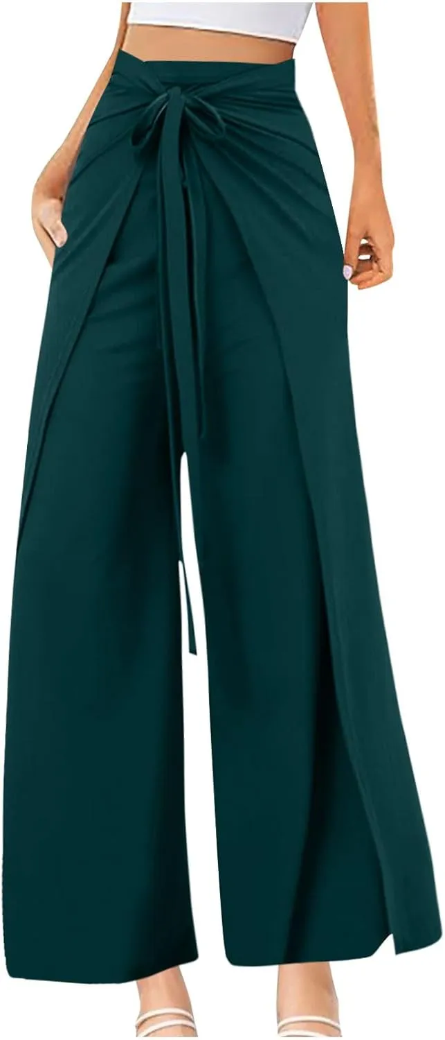 Womens Wide Leg Pants Yoga Flowy Split Palazzo Pants Tie Front Wrap Trousers Beach Cover Up Casual Lounge Boho Pants