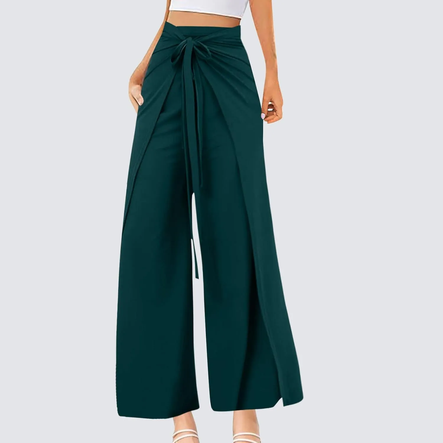 Womens Wide Leg Pants Yoga Flowy Split Palazzo Pants Tie Front Wrap Trousers Beach Cover Up Casual Lounge Boho Pants