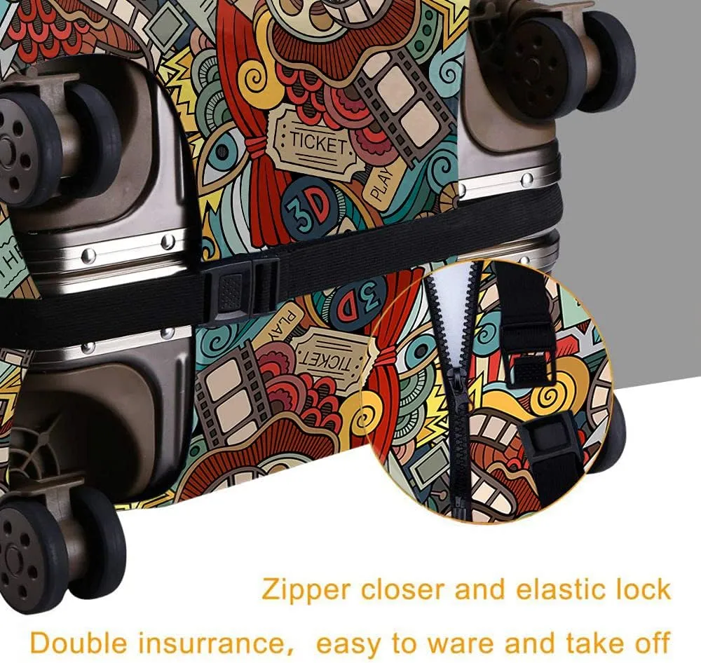 WONDERTIFY Doodle Cinema Items Suitcase Cover Cartoon Movie Popcorn Film Reel Theatre Masks Travel Elastic Protective Washable Suitcase Protector Fits 25 To 28 Inch