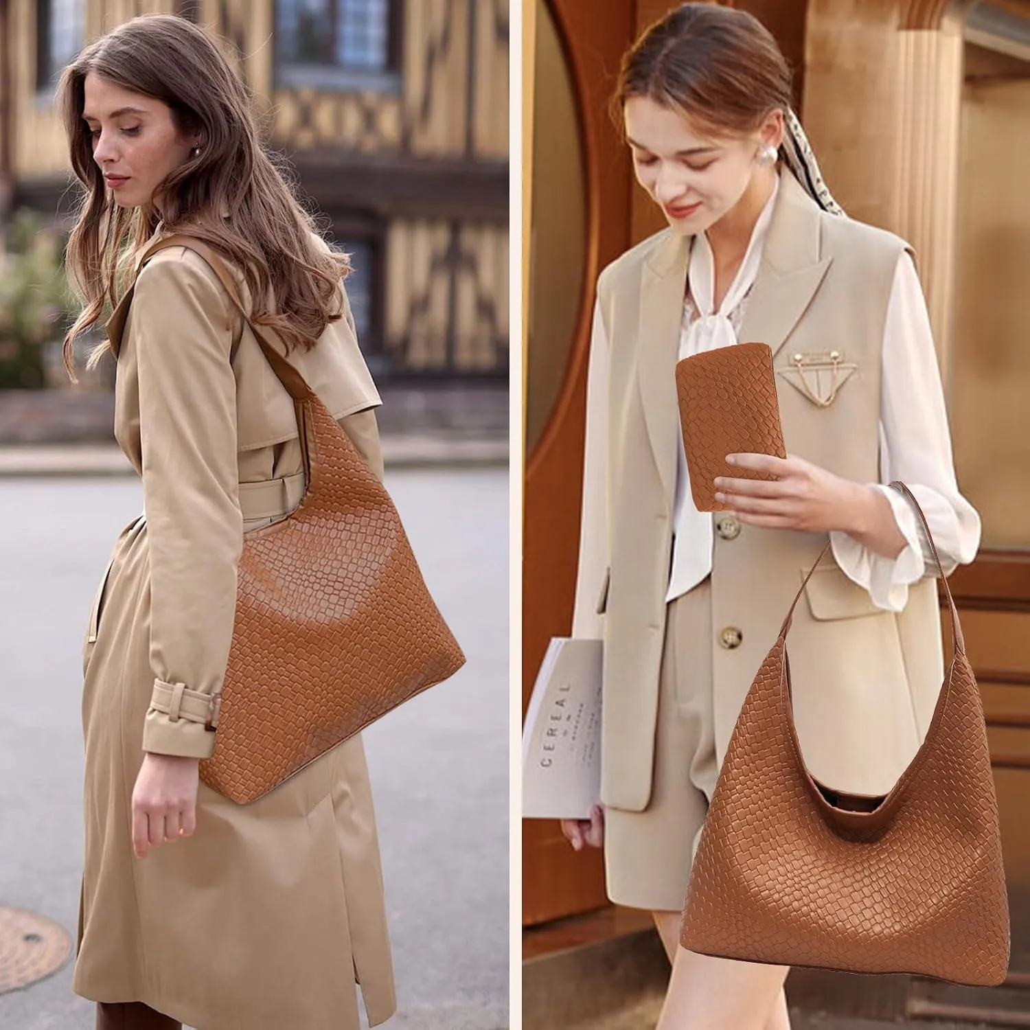 Woven Shoulder Bags for Women 2 PCS Small Leather Hobo Handbag Trendy Underarm Purse Fall Slouchy Tote Bag 2025