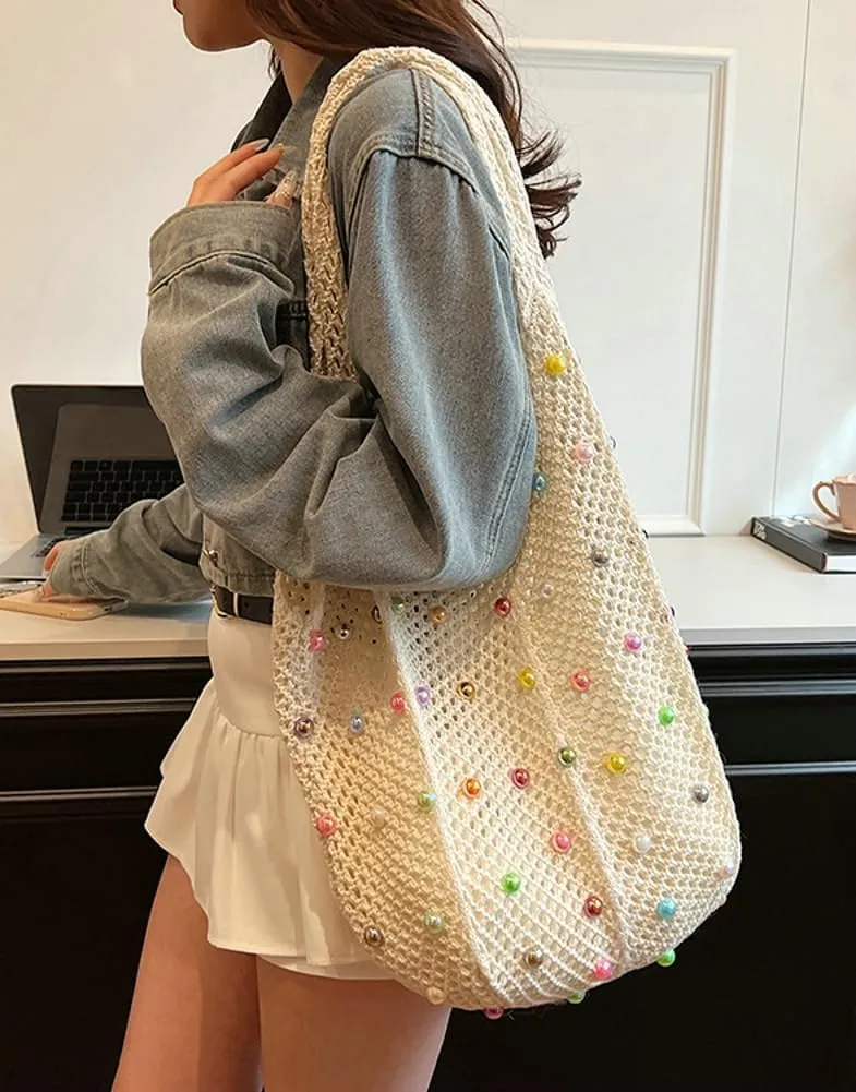 Woven Tote Bag for Wineb Crochet Hobo Bags Beaded Shoulder Bag Trendy Knit Hollow Summer Beach Handbag Purse