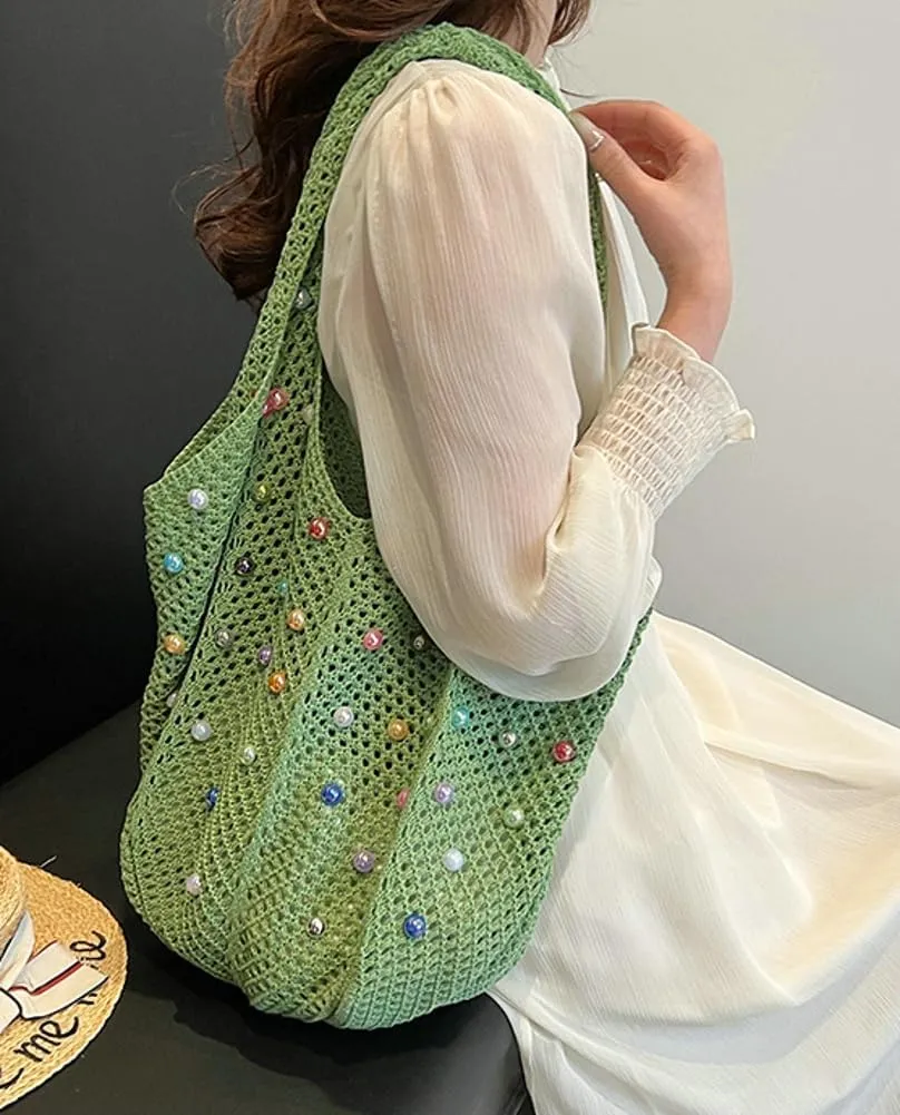 Woven Tote Bag for Wineb Crochet Hobo Bags Beaded Shoulder Bag Trendy Knit Hollow Summer Beach Handbag Purse