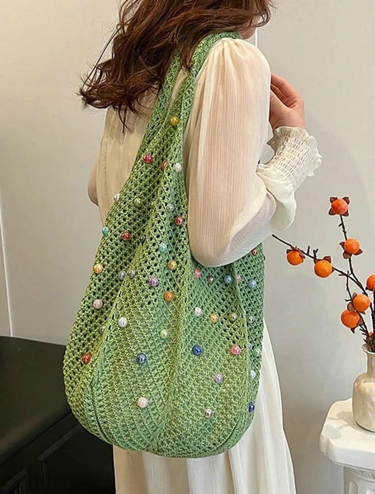 Woven Tote Bag for Wineb Crochet Hobo Bags Beaded Shoulder Bag Trendy Knit Hollow Summer Beach Handbag Purse