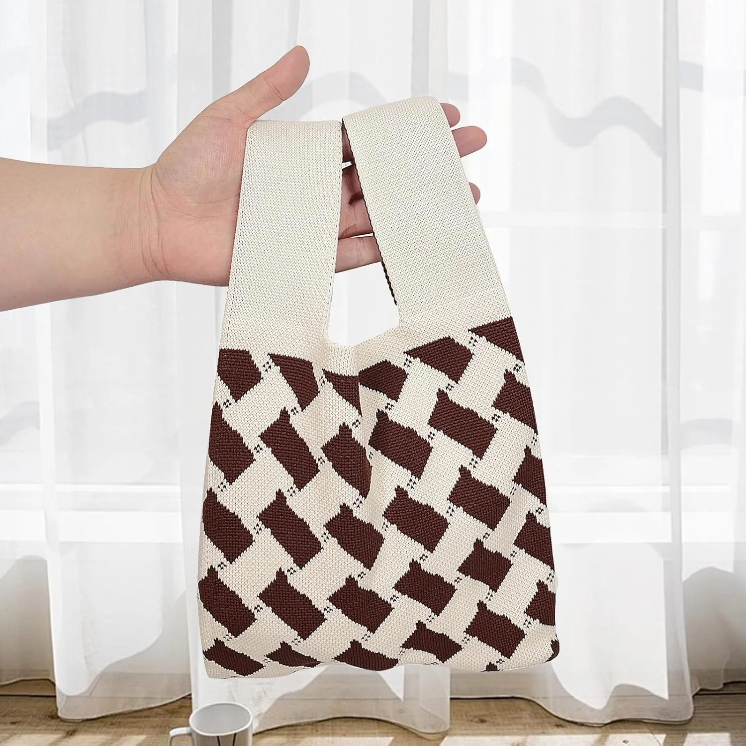 Wrist Knot Tote Bag Pouch Portable Knit Purse Crochet Bag, Mini Cute Wristlet Handbag for Women