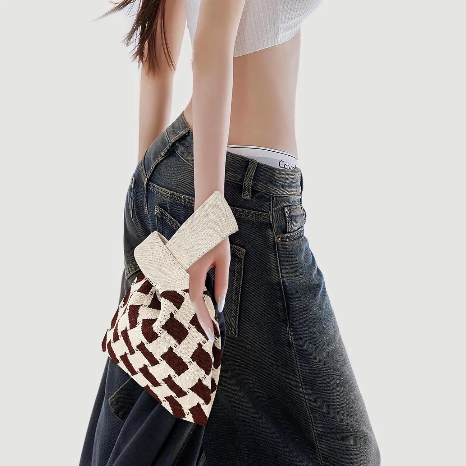 Wrist Knot Tote Bag Pouch Portable Knit Purse Crochet Bag, Mini Cute Wristlet Handbag for Women