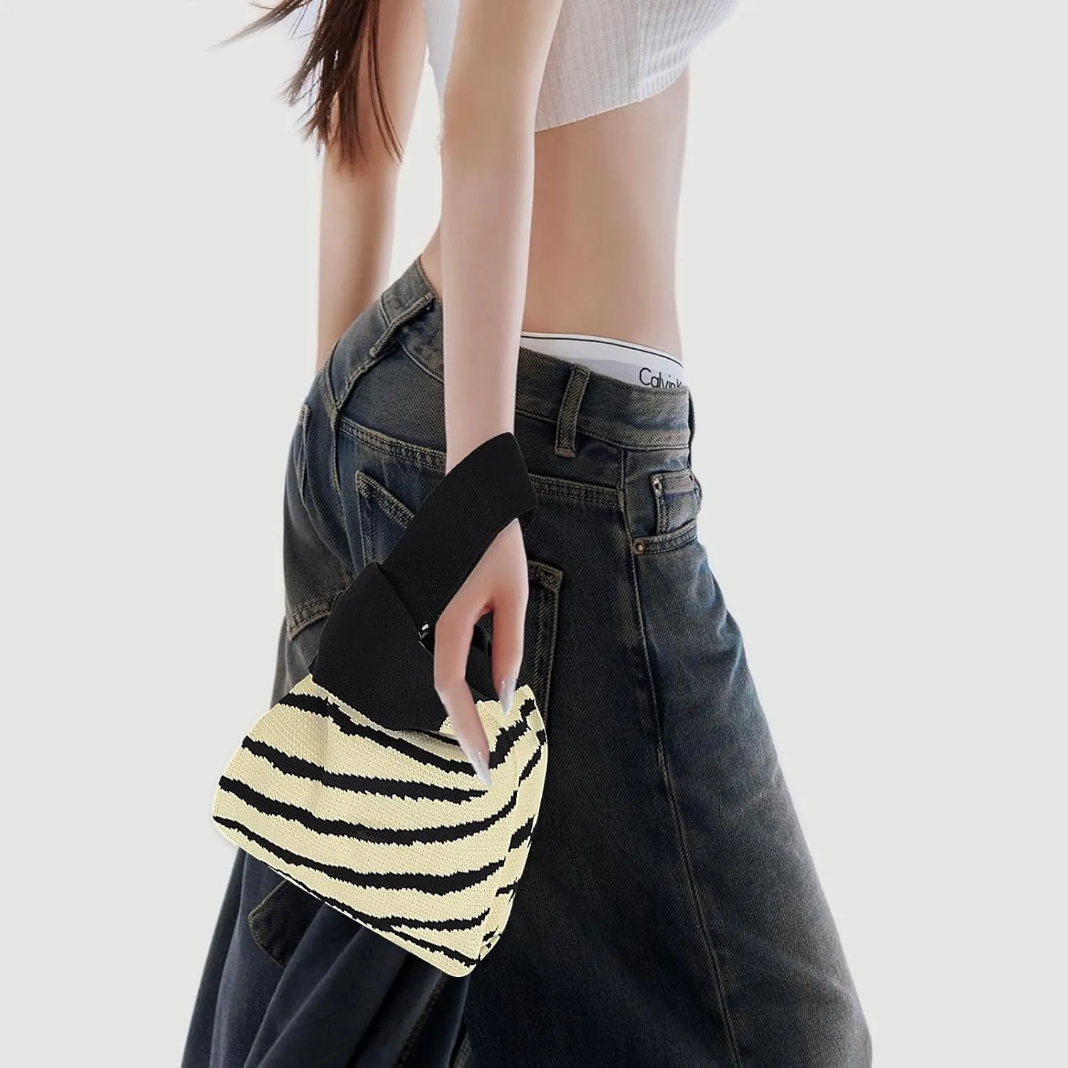 Wrist Knot Tote Bag Pouch Portable Knit Purse Crochet Bag, Mini Cute Wristlet Handbag for Women