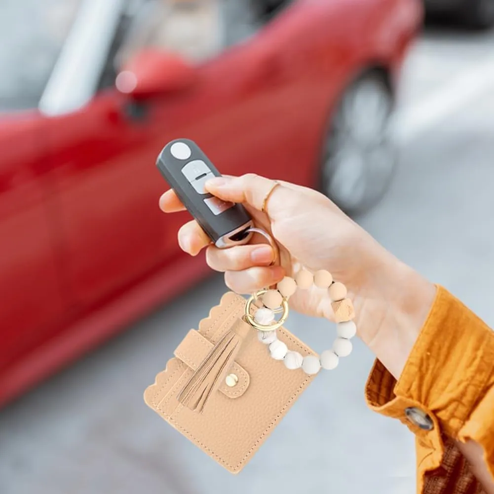 Wristlet Bracelet Keychain Credit Card Holder Purse, Keychain Wallet, Silicone Bead Tassel Key Ring for Women, Wristlet