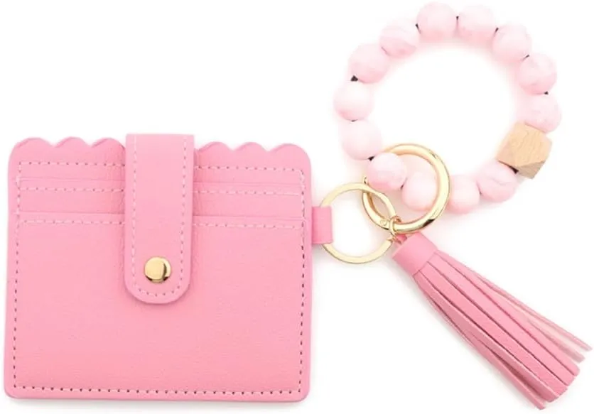 Wristlet Bracelet Keychain Credit Card Holder Purse, Keychain Wallet, Silicone Bead Tassel Key Ring for Women, Wristlet