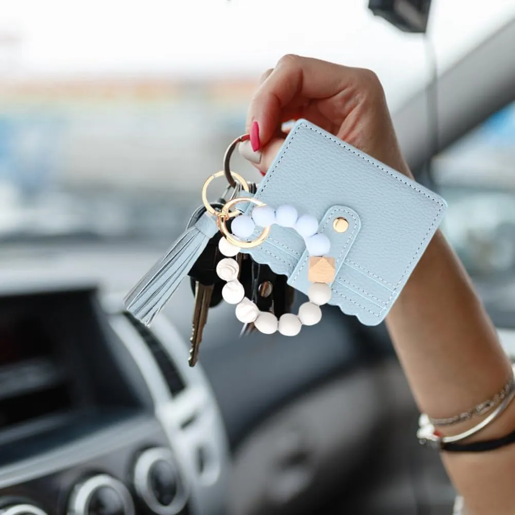Wristlet Bracelet Keychain Credit Card Holder Purse, Keychain Wallet, Silicone Bead Tassel Key Ring for Women, Wristlet