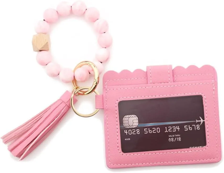 Wristlet Bracelet Keychain Credit Card Holder Purse, Keychain Wallet, Silicone Bead Tassel Key Ring for Women, Wristlet