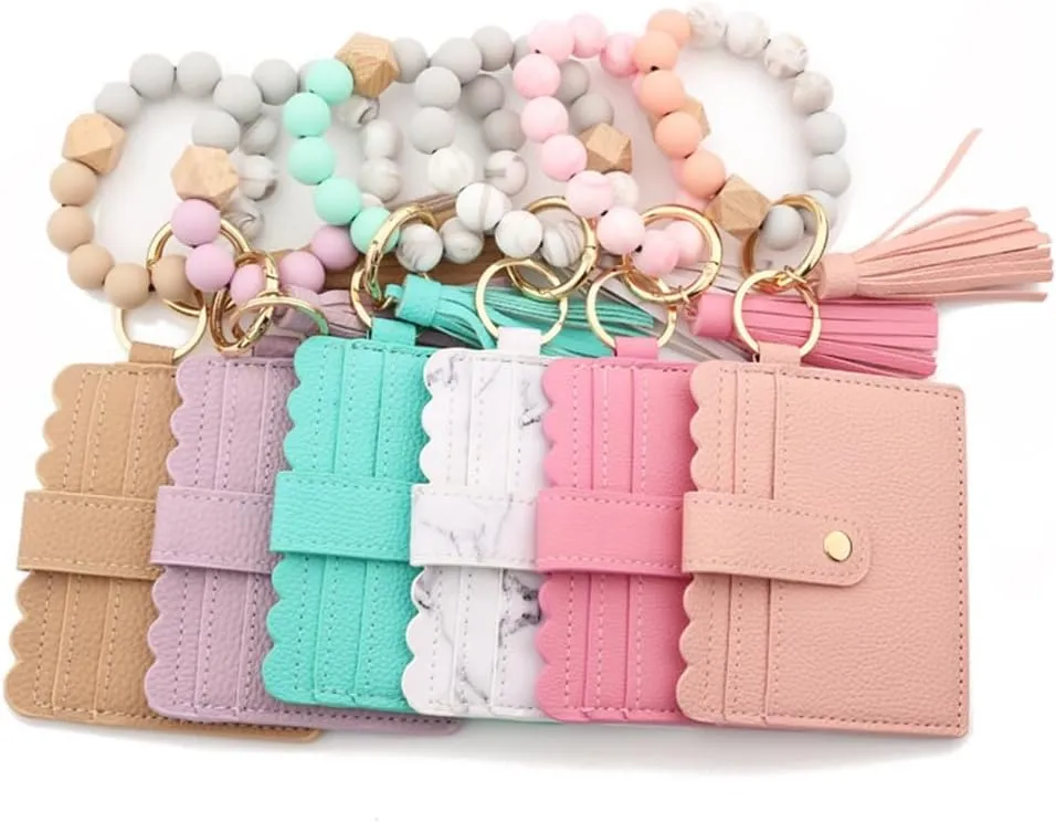 Wristlet Bracelet Keychain Credit Card Holder Purse, Keychain Wallet, Silicone Bead Tassel Key Ring for Women, Wristlet
