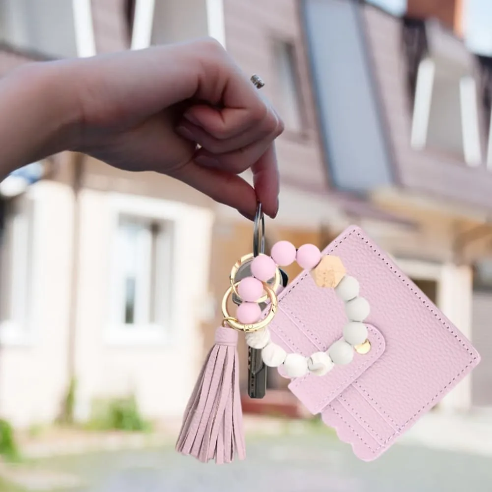 Wristlet Bracelet Keychain Credit Card Holder Purse, Keychain Wallet, Silicone Bead Tassel Key Ring for Women, Wristlet