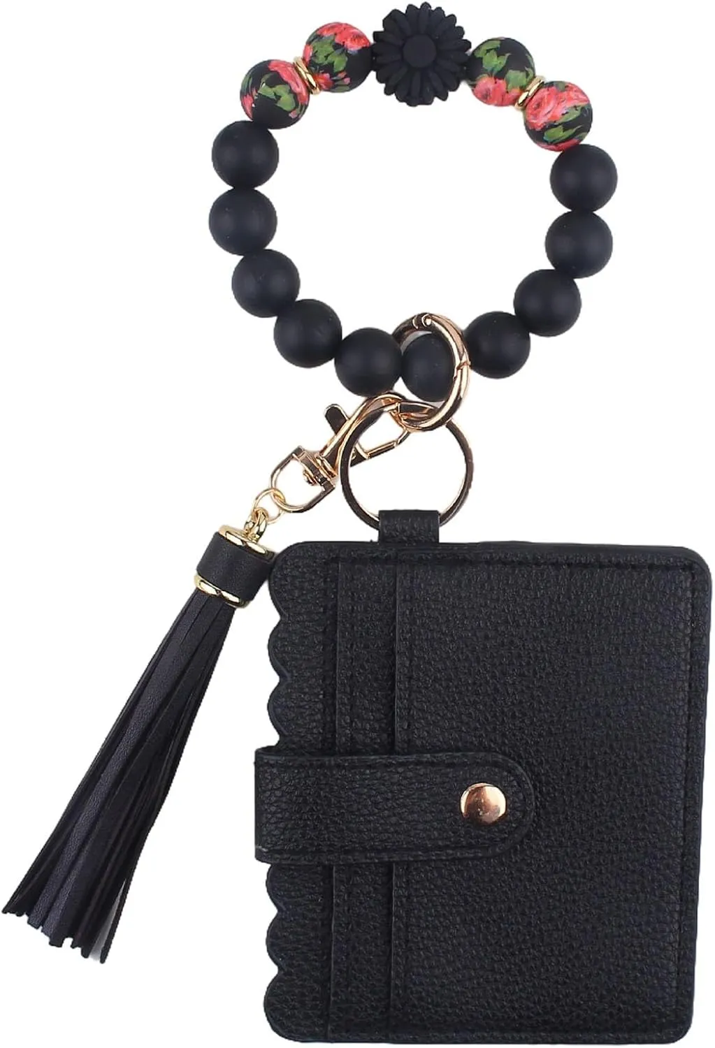 Wristlet Keychain with Card Holder Wallet, Silicone Beaded Daisy Flower Wrist Key Ring Tassel Car Key Holder Bracelet ID Window Wallet for Women (Black)