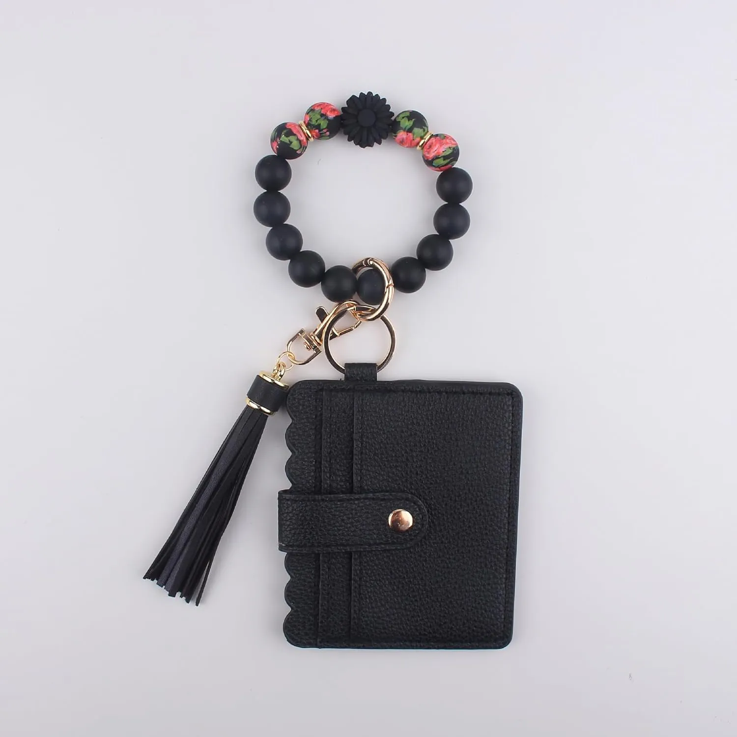 Wristlet Keychain with Card Holder Wallet, Silicone Beaded Daisy Flower Wrist Key Ring Tassel Car Key Holder Bracelet ID Window Wallet for Women (Black)