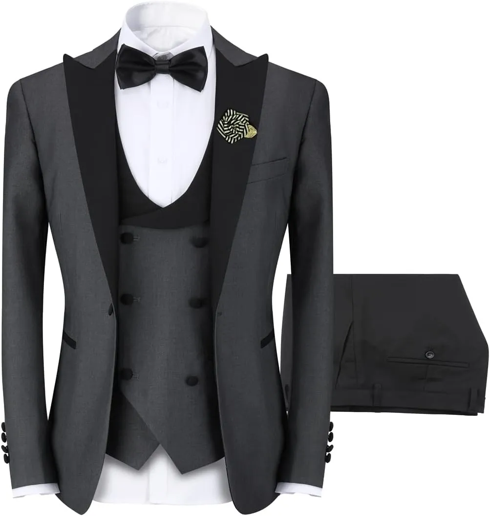 YFFUSHI Men's 3 Piece Suit Slim Fit One Button Prom Suits Set Blazer Vest Trousers