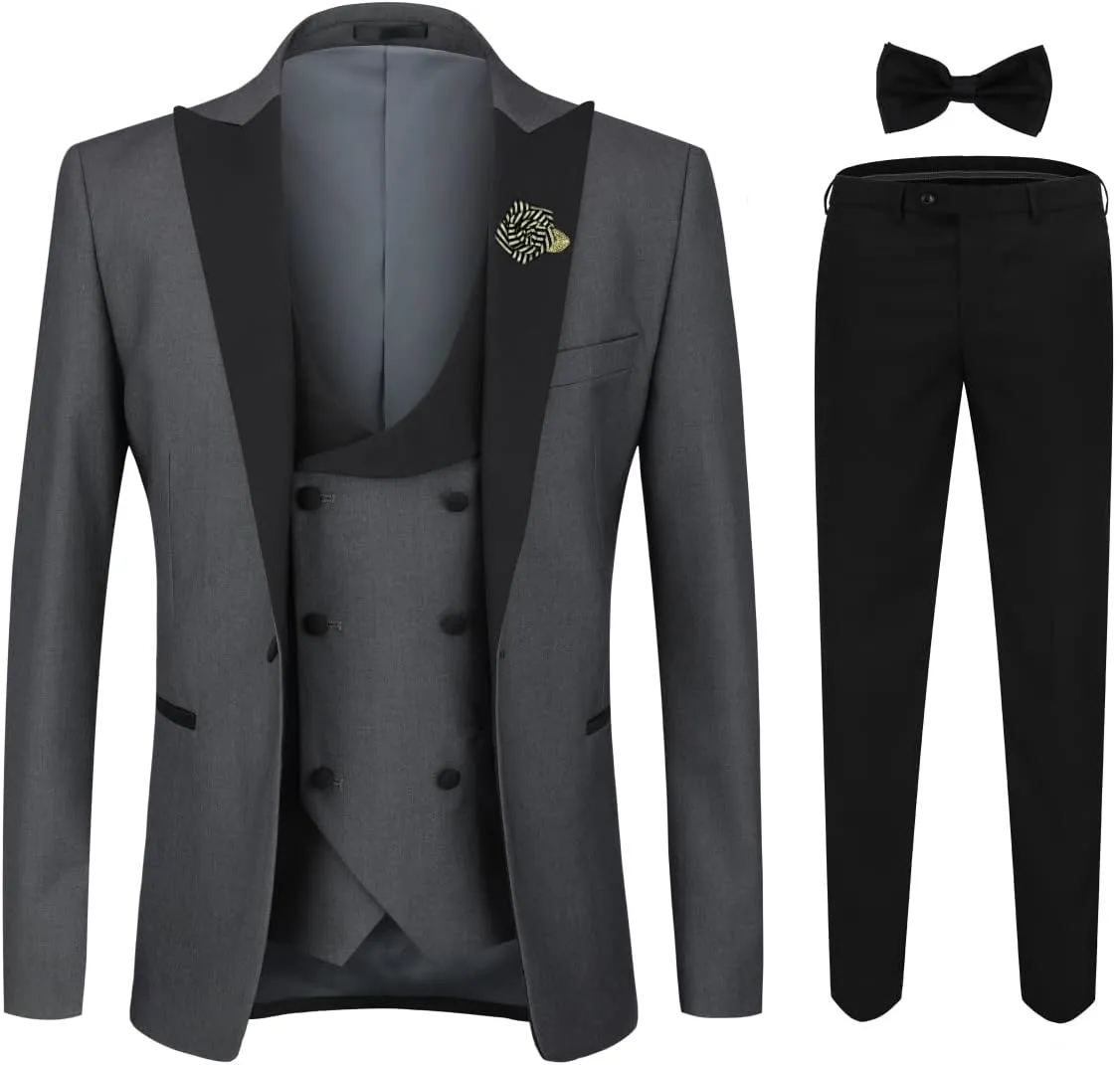YFFUSHI Men's 3 Piece Suit Slim Fit One Button Prom Suits Set Blazer Vest Trousers