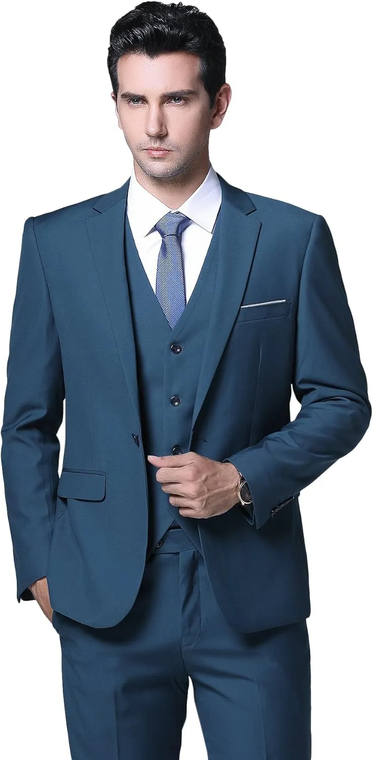 YFFUSHI Men's Slim Fit 3 Piece Suit One Button Business Wedding Prom Suits Blazer Tux Vest Trousers