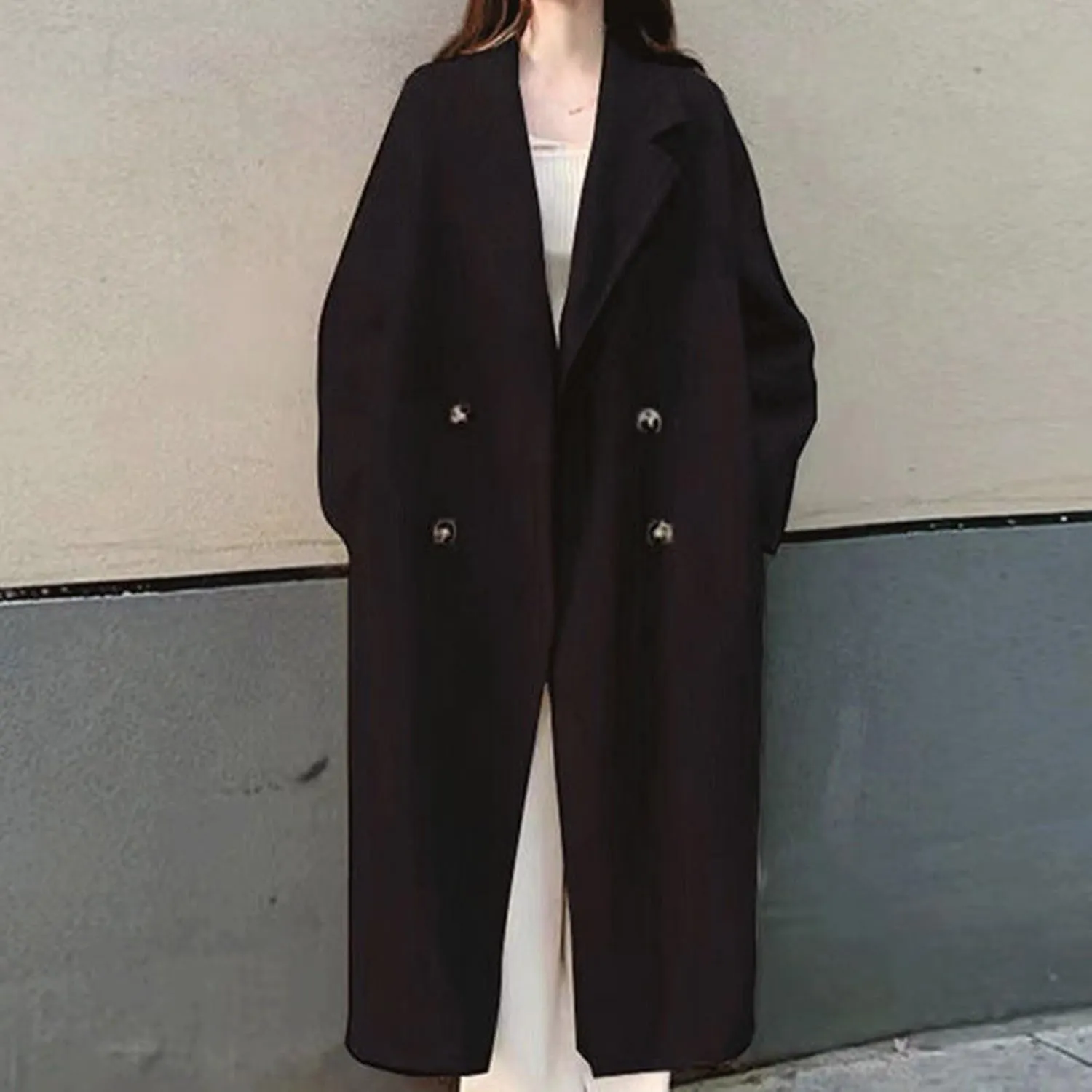YRAETENM Pea Coats for Women Slouchy Drop Shoulder Double Breasted Maxi Long Wool Jackets Winter Trench Coats with Pockets