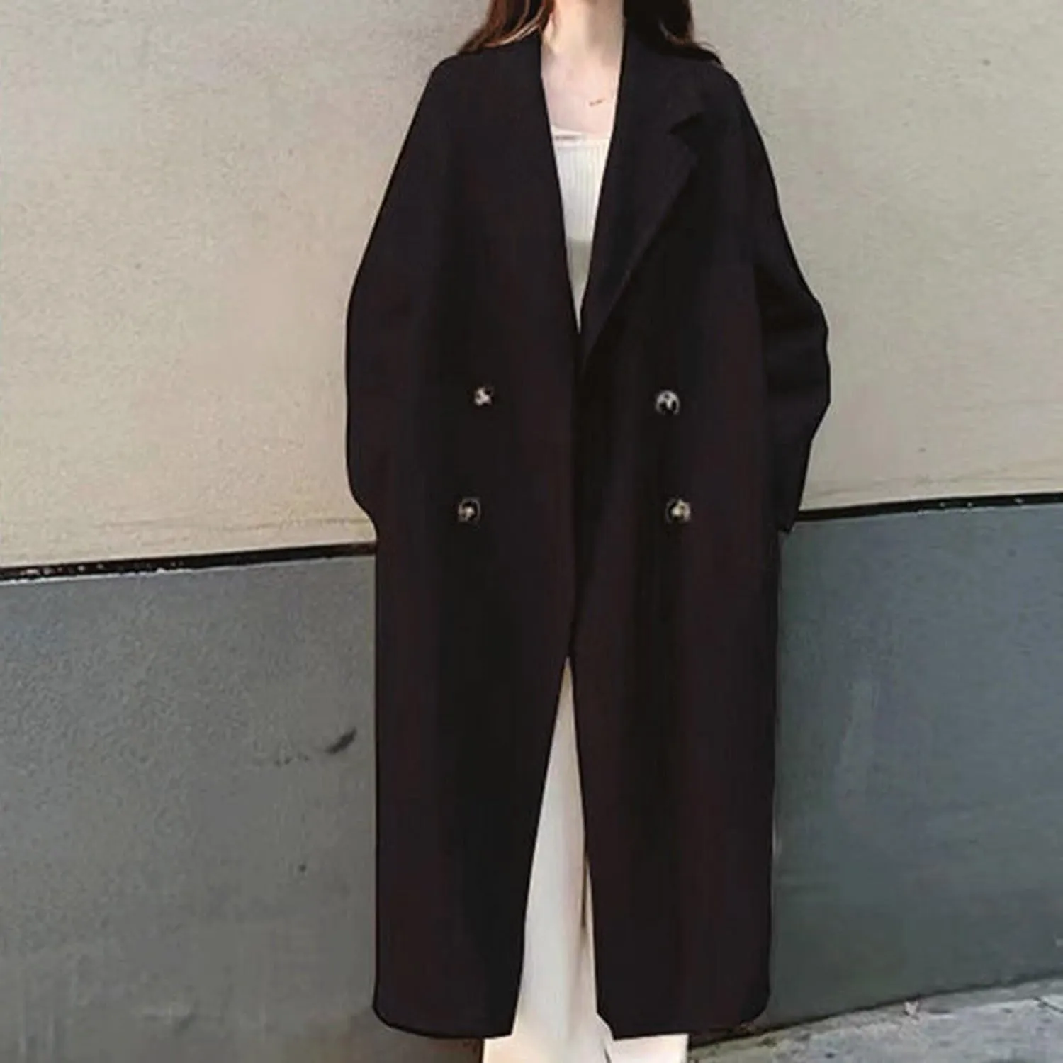 YRAETENM Pea Coats for Women Slouchy Drop Shoulder Double Breasted Maxi Long Wool Jackets Winter Trench Coats with Pockets
