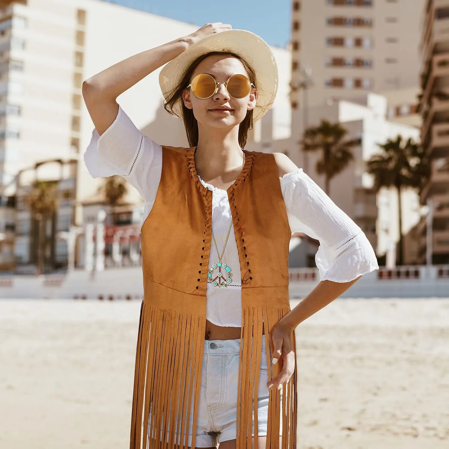 Zhanmai 4 Pieces 60s 70s Outfits for Women Hippie Costume Fringe Vest Faux Suede Vest Bohemia Headband for Halloween Cosplay