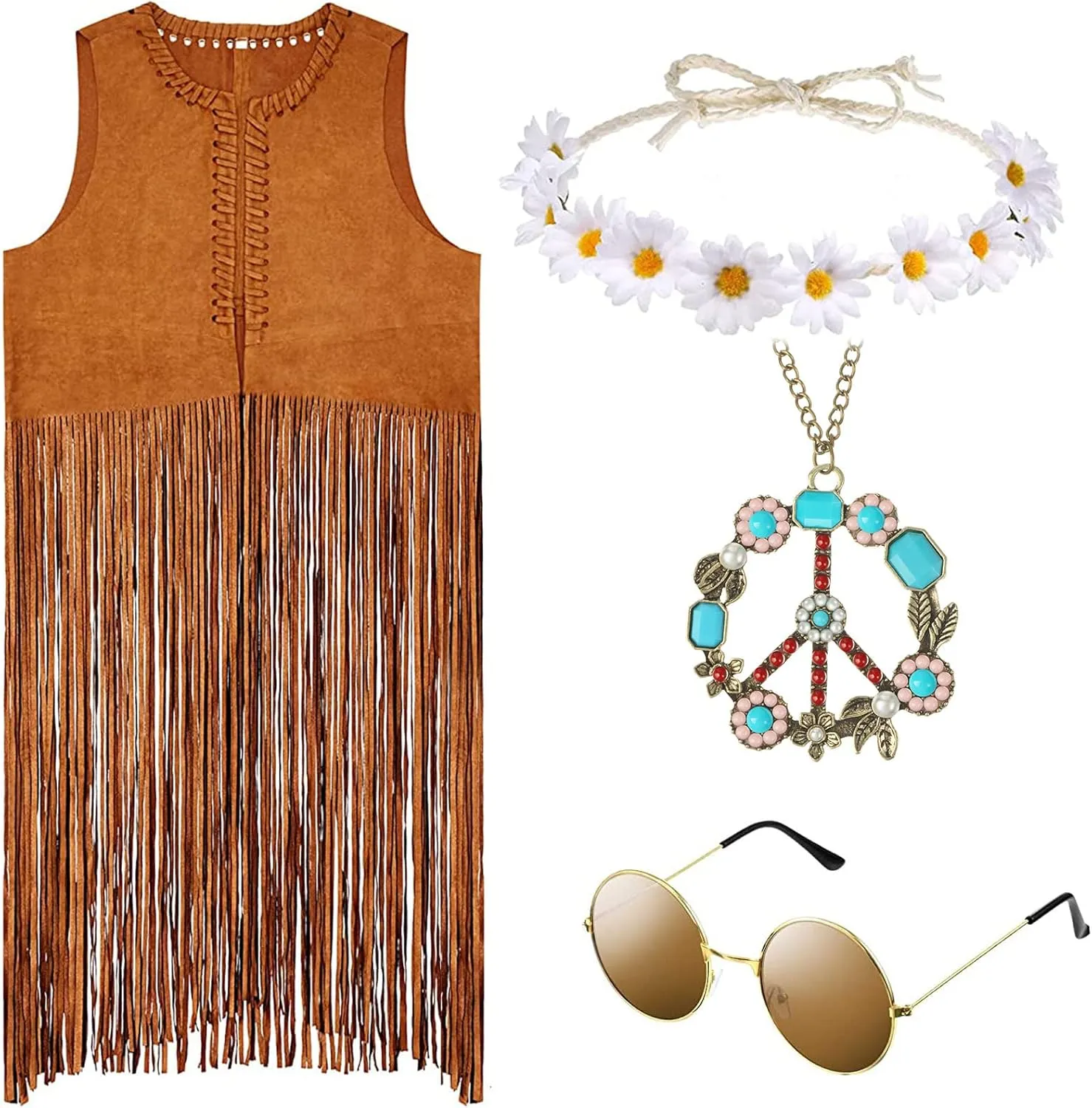 Zhanmai 4 Pieces 60s 70s Outfits for Women Hippie Costume Fringe Vest Faux Suede Vest Bohemia Headband for Halloween Cosplay