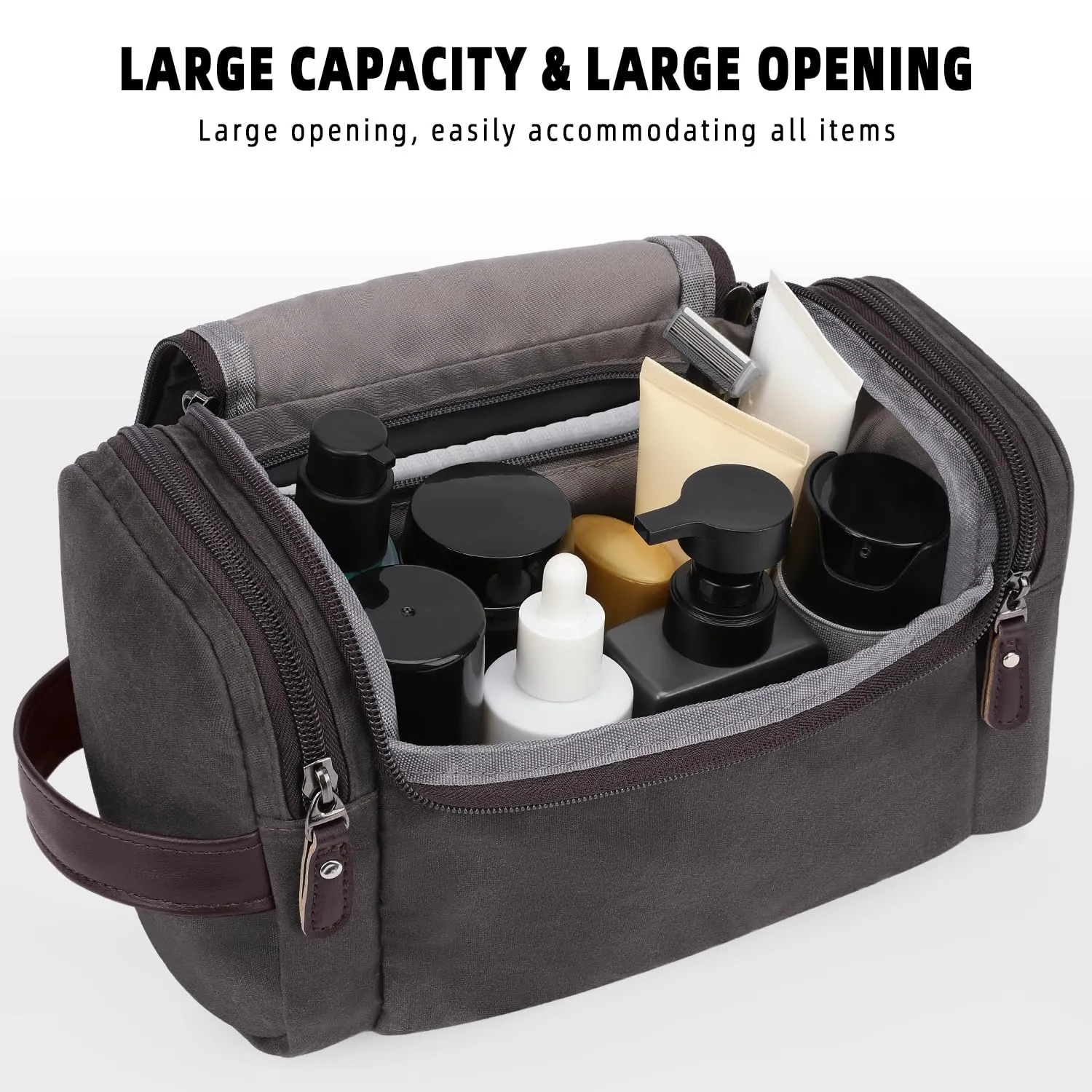 ZOMFELT Travel Toiletry Bag for Men, Travel Essentials Shaving Dopp Kit, Canvas Mens Toiletry Travel Bag, Water Resistant Cosmetic Bag for Toiletries Accessories, Dark Grey
